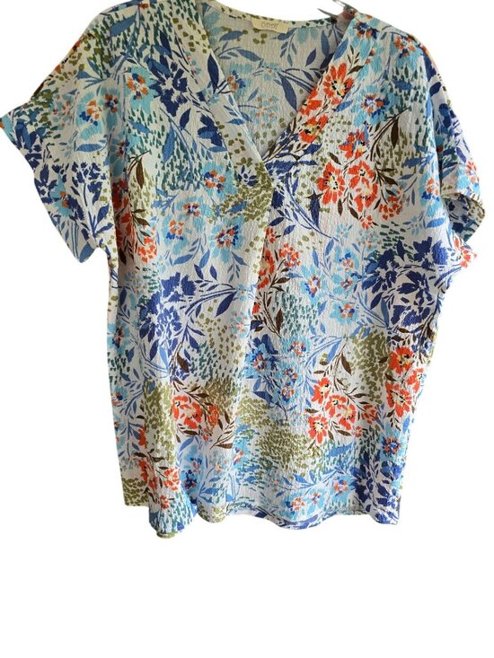 Oddi Tops - Oddi Women V-Neck Short Sleeve Floral Top Blue Multicolor Lightweight Textured L
